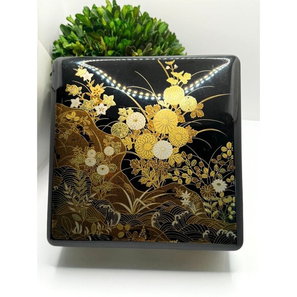 Japanese Lacquerware Decorative Box With Floral Design 7.5" L x 7.5" W x 3" H - Picture 12 of 12